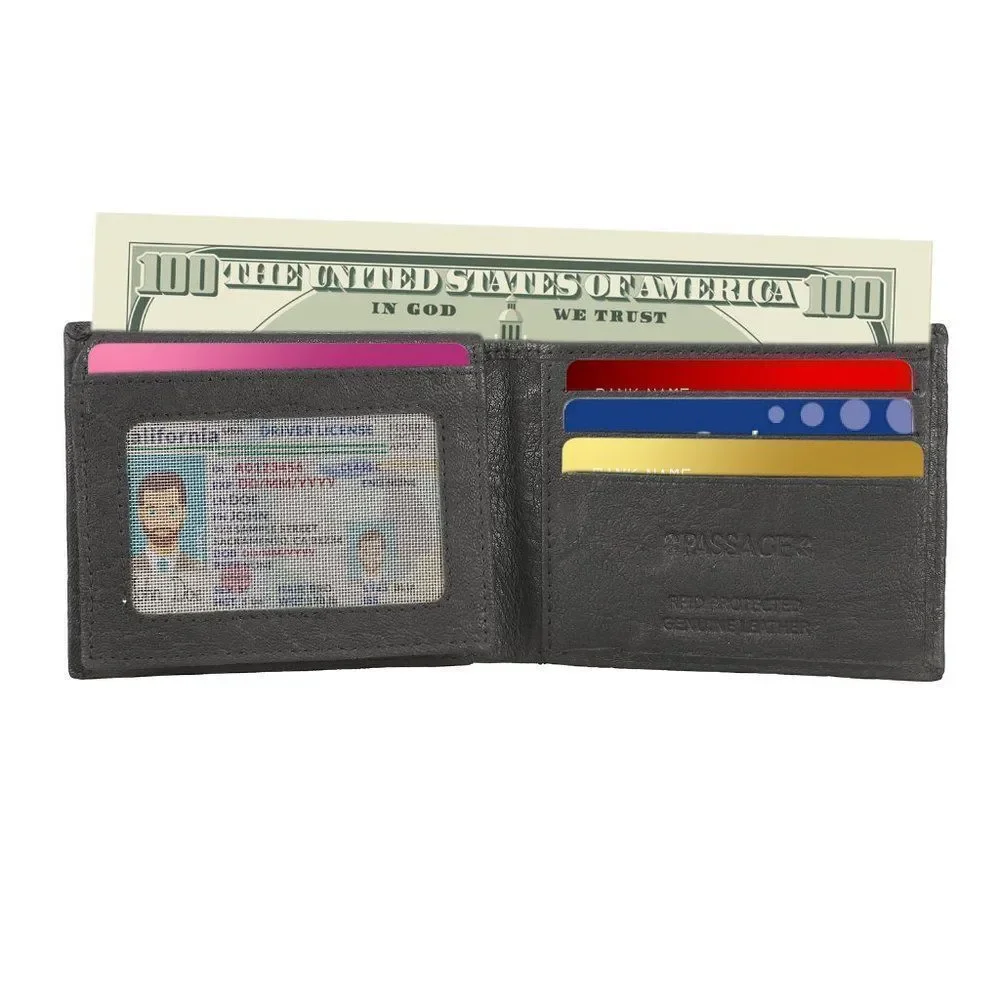 PASSAGE Black Genuine Leather RFID Bi-Fold Wallet